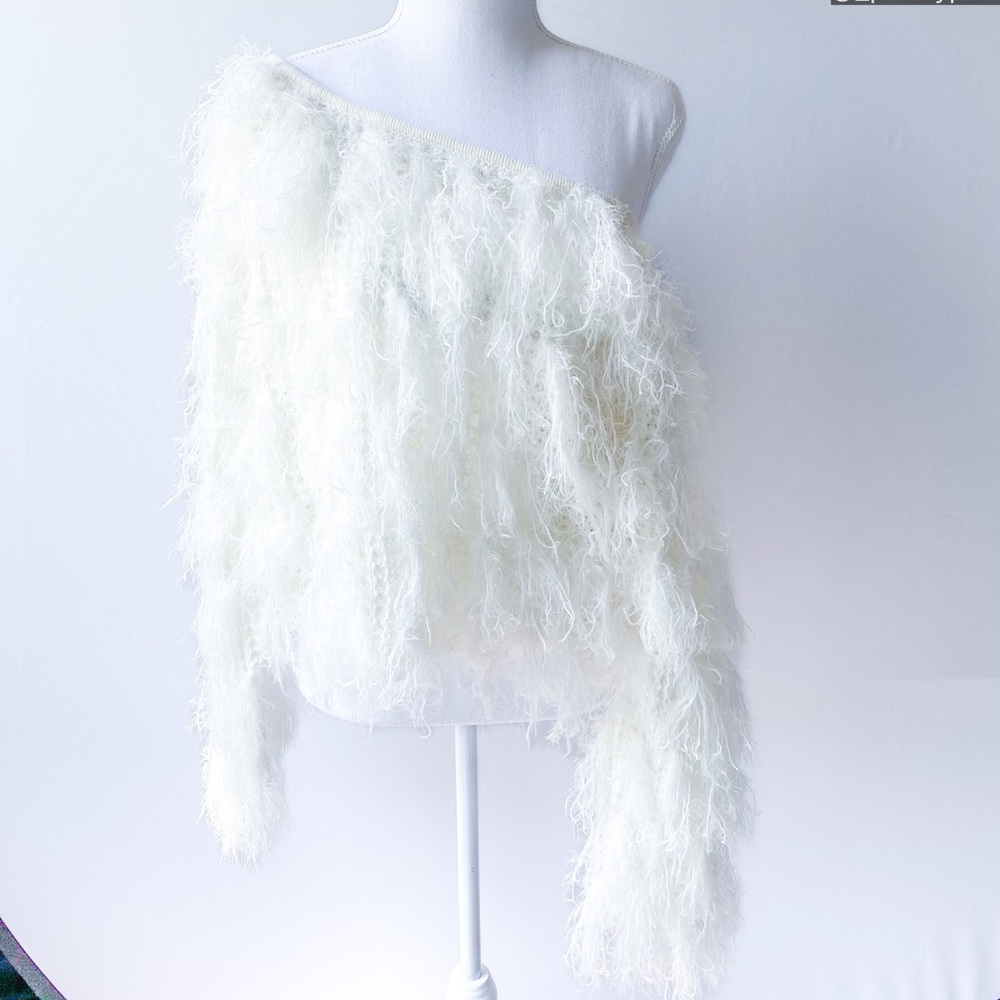 Womens off white batwing fuzzy fringe sleeve tassel crop sweater